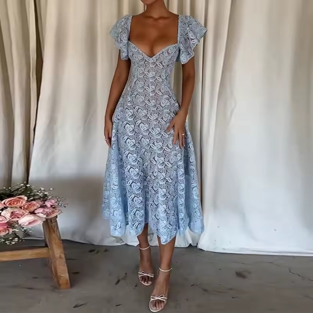 Butterfly Sleeve Solid Maxi Dress, WomenHollow Out V Neck Sexy Party Dress - Picture 1 of 6